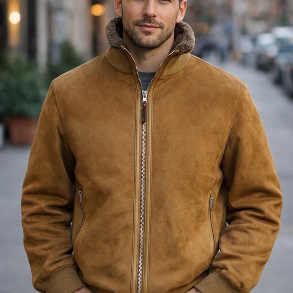 NWT Men’s Robert Graham Faux Vegan Suede Bomber Jacket Tan Size SMALL